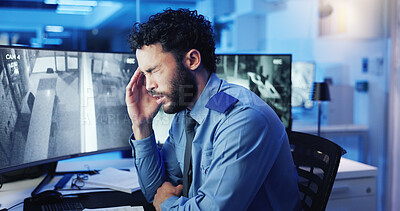 Buy stock photo Headache, security guard and tired with man, frustrated or cctv screen in night shift for safety. Burnout, migraine or person with video surveillance in control room for protection agency overtime