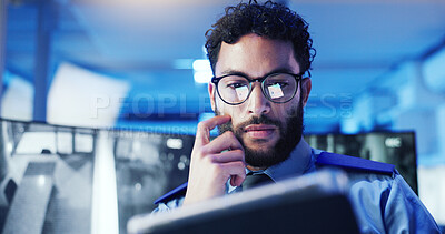 Buy stock photo CCTV, tablet and thinking with man in office at night for monitoring, protection or safety. Dispatch, law enforcement and surveillance with officer in workplace for government or security career