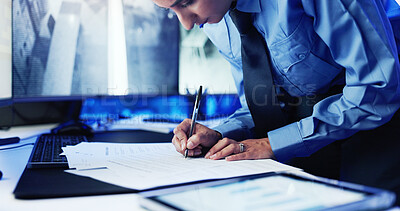 Buy stock photo Security guard, report and woman with writing, safety and cctv screen footage for night shift for video surveillance. Camera, monitor or person with documents in control room for protection log