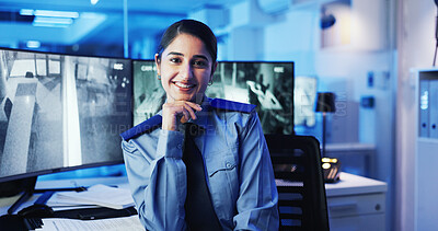 Buy stock photo CCTV, face and security with woman in office at night for government, law enforcement or monitoring. Computer screen, smile and surveillance with police officer at desk in control room for dispatch