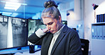 Woman, neck injury or monitor with stress at night for bad posture, burnout or fatigue at security agency. Female person, investigator or working late with ache, strain or pressure for surveillance