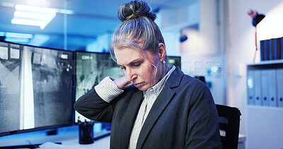 Buy stock photo Woman, neck injury or monitor with stress at night for bad posture, burnout or fatigue at security agency. Female person, investigator or working late with ache, strain or pressure for surveillance