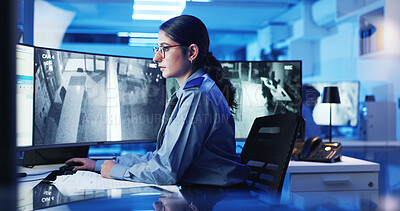 Buy stock photo Security, computer and woman on monitor in control room for surveillance, investigation and protection service. Law enforcement, screen and person for safety, inspection and observation at night