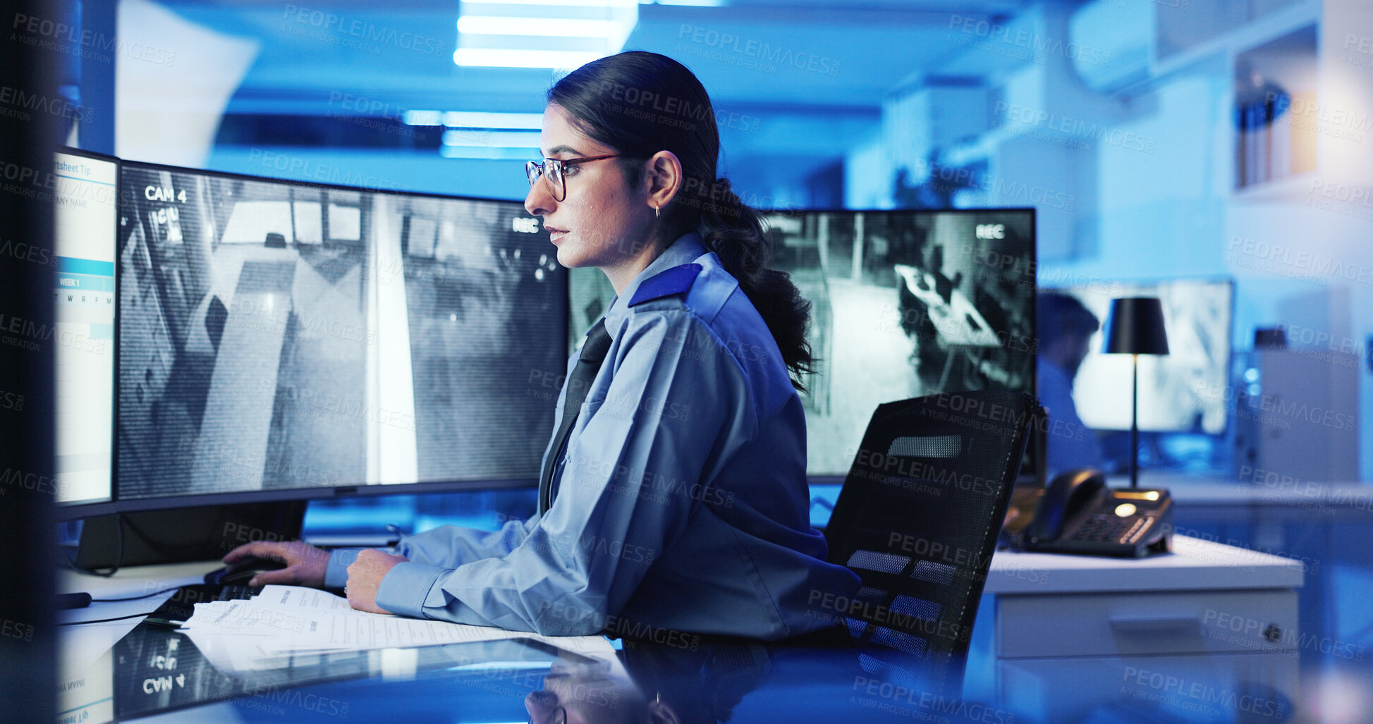 Buy stock photo Security, computer and woman on monitor in control room for surveillance, investigation and protection service. Law enforcement, screen and person for safety, inspection and observation at night