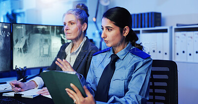 Buy stock photo Women, security guard or tablet with surveillance for observation or building safety check at office. Female people, officer or investigator team with technology for suspect at protection agency