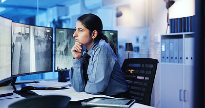 Buy stock photo Security, thinking and woman on monitor in control room for surveillance, investigation and protection service. Law enforcement, computer screen and person for safety, inspection and observation
