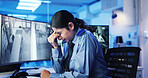 Fatigue, security guard and woman with pain, frustrated or cctv screen in night shift for safety. Headache, eye strain or person with video surveillance in control room for overtime protection agency