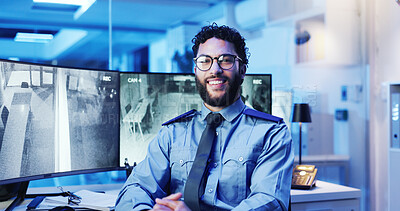 Buy stock photo CCTV, glasses and security with man in office at night for monitoring, protection or safety. Dispatch, law enforcement and smile with surveillance officer at work for agency or government career