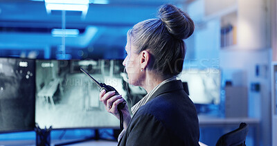 Buy stock photo Control room, surveillance and woman with radio, online and security guard with footage for safety. Watching, video and mature person with tech for communication, bodyguard and observation at night