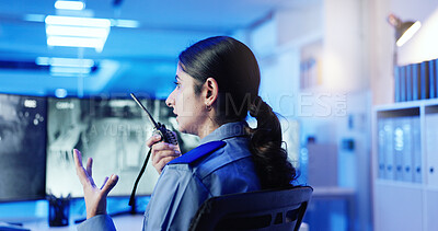 Buy stock photo Woman, security guard or radio with surveillance for signal, communication or health and safety alert. Female person, officer or talking with audio speaker for emergency protocol at protection agency