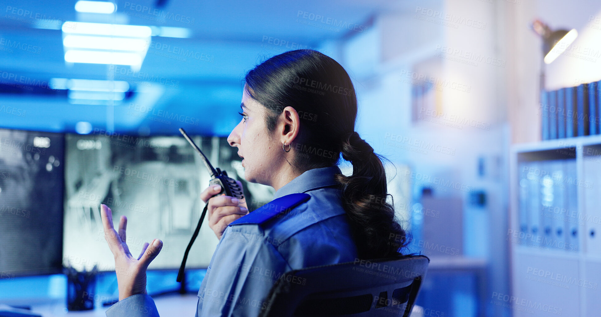 Buy stock photo Woman, security guard or radio with surveillance for signal, communication or health and safety alert. Female person, officer or talking with audio speaker for emergency protocol at protection agency