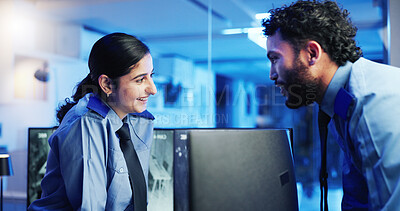 Buy stock photo Happy people, security and night with surveillance at protection agency for supervision. Man, woman or officers working late with smile or footage for chat, conversation or discussion in control room