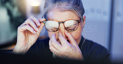 Buy stock photo Night, office and mature woman with headache, glasses and fatigue in security control room. Computer, surveillance and tired safety officer with eye strain, migraine or overtime at command center