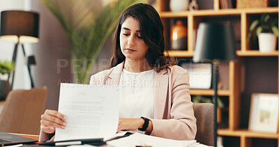 Buy stock photo Reading, paperwork and business woman in office with accounting budget, bookkeeping and finance report. Auditor, check document and serious employee with revenue, tax invoice and payroll information
