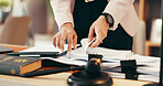 Hands, judge and stack with paperwork at office for legal review, administration and investigation. Person, documents and overwhelmed with deadline, time management and gavel for law, justice or case