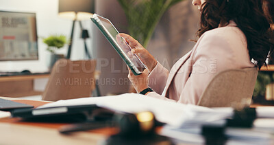 Buy stock photo Hands, tablet and business with woman in home office for government lawyer, federal justice policy or network. State prosecutor, research and political administration with person and online review