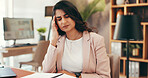 Headache, fatigue and businesswoman in office with burnout, doubt and stress for brain fog. Exhausted, finance report and female financial manager with migraine for mistake, tired or overwhelmed.