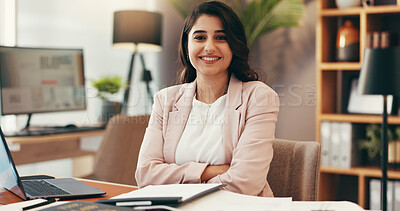 Buy stock photo Portrait, woman and smile as lawyer in office for about us, legal advice and corporate consultant. Female attorney, arms crossed and career pride with justice services, ambition and notary management
