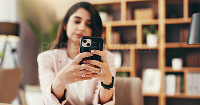 Buy stock photo Phone, search and business with woman in home office for government lawyer, federal justice policy and networking. State prosecutor, typing and political administration with person and online review