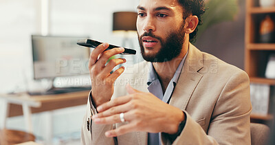 Buy stock photo Man, phone and speaker in office for business, voice memo and speech to text for agenda update. Administrator, thinking and mobile in agency for audio message, contact agent and communication on call