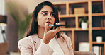 Woman, phone and speaker in office for business, voice memo and speech to text for agenda. Administrator, thinking and mobile in agency for audio message, contact agent and communication on call