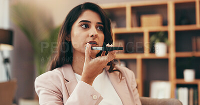 Buy stock photo Woman, phone and speaker in office for business, voice memo and speech to text for agenda. Administrator, thinking and mobile in agency for audio message, contact agent and communication on call