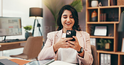 Buy stock photo Phone, smile and business with woman in home office for government lawyer, federal justice policy and networking. State prosecutor, typing and political administration with person and online review