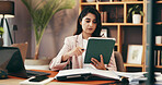 Tablet, reading and business with woman in home office for government lawyer, federal justice policy or network. State prosecutor, typing and political administration with person and online review