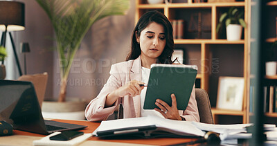Buy stock photo Tablet, reading and business with woman in home office for government lawyer, federal justice policy or network. State prosecutor, typing and political administration with person and online review