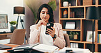 Phone, thinking and business with woman in home office for government lawyer, federal justice policy and update. State prosecutor, confused and political administration with person and online review