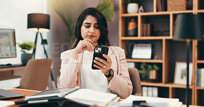 Buy stock photo Phone, thinking and business with woman in home office for government lawyer, federal justice policy and update. State prosecutor, confused and political administration with person and online review