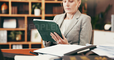 Buy stock photo Tablet, business and scroll with woman in home office for account manager, financial advisor or communication. Virtual consultant, client portfolio and update with mature person for contact and email