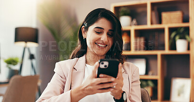 Buy stock photo Phone, typing and business with woman in home office for government lawyer, federal justice policy and networking. State prosecutor, smile and political administration with person and online review