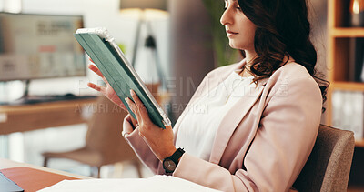 Buy stock photo Tablet, research and business with woman in home office for government lawyer, federal justice policy or network. State prosecutor, typing and political administration with person and online review