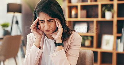 Buy stock photo Headache, stress and businesswoman in office with burnout, doubt and fatigue for brain fog. Exhausted, finance career and female financial manager with migraine for mistake, tired or overwhelmed.