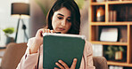 Tablet, thinking and business with woman in home office for government lawyer, federal justice policy or idea. State prosecutor, vision and political administration with person and online review