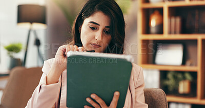 Buy stock photo Tablet, thinking and business with woman in home office for government lawyer, federal justice policy or idea. State prosecutor, vision and political administration with person and online review