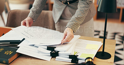 Buy stock photo Hands, admin and stack with legal documents at office for review, inspection or investigation. Person, paperwork and secretary for deadline, time management or gavel for law, justice or case analysis