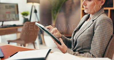 Buy stock photo Woman, scroll and tablet in office for business, legal research and communication. Mature lawyer, technology and typing in law firm for case study, planning agenda and reading article for information