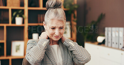 Buy stock photo Mature woman, neck pain and office with stress for overworked, pressure or bad posture. Female person, employee or muscle tension with sore ache, strain or discomfort for fibromyalgia at workplace