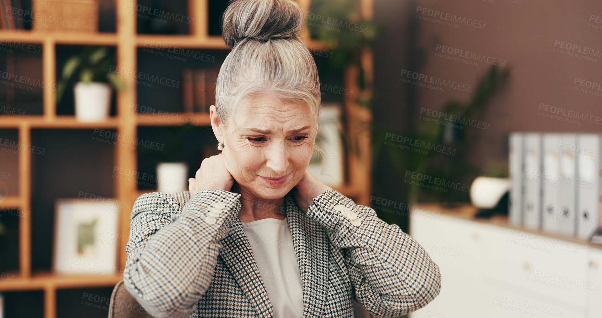 Buy stock photo Mature woman, neck pain and office with stress for overworked, pressure or bad posture. Female person, employee or muscle tension with sore ache, strain or discomfort for fibromyalgia at workplace