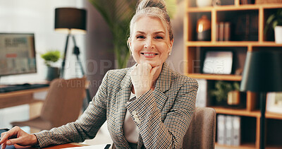 Buy stock photo Portrait, mature woman and lawyer in office for about us, legal advice and corporate consultant. Smile, female attorney and proud with professional career, justice service and ambition for management