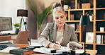 Writing, document and business woman in office for planning lawsuit, sign contract or agreement form. Paperwork, mature lawyer and serious person with case report, legal or review evidence for trial