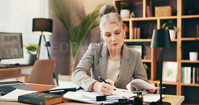 Buy stock photo Writing, document and business woman in office for planning lawsuit, sign contract or agreement form. Paperwork, mature lawyer and serious person with case report, legal or review evidence for trial