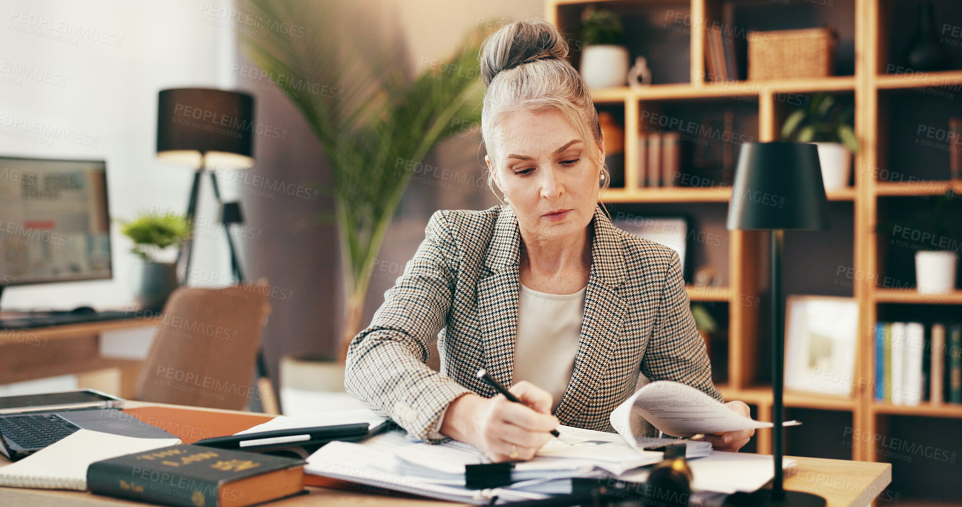 Buy stock photo Writing, document and business woman in office for planning lawsuit, sign contract or agreement form. Paperwork, mature lawyer and serious person with case report, legal or review evidence for trial