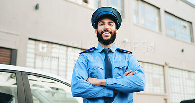 Buy stock photo Police officer, man and portrait with arms crossed outdoor for city protection, crime prevention and public safety. Law enforcement, male cop and happy for urban duty, security and ready for justice