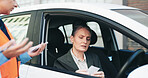 Woman, police and stop car for ticket, speeding warning and law violation for traffic crime. Mature person, officer and disappointed with vehicle fine of payment penalty, public safety and road block