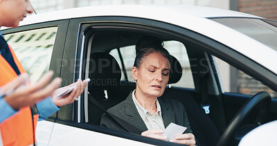 Buy stock photo Woman, police and stop car for ticket, speeding warning and law violation for traffic crime. Mature person, officer and disappointed with vehicle fine of payment penalty, public safety and road block