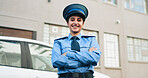 Police officer, woman and portrait with arms crossed outdoor for city patrol, crime prevention or public safety. Law enforcement, employee or happy for urban protection, security or ready for justice