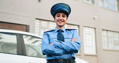 Buy stock photo Police officer, woman and portrait with arms crossed outdoor for city patrol, crime prevention or public safety. Law enforcement, employee or happy for urban protection, security or ready for justice